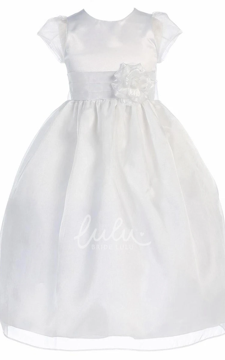 Organza Satin Tiered Flower Girl Dress Ankle-Length Cap-Sleeve Prom Dress