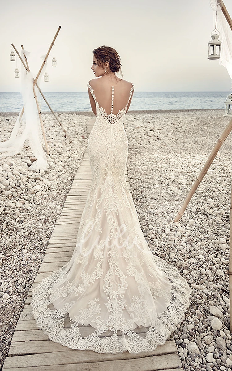 Lace V-Neck Cap-Sleeve Wedding Dress with Illusion Sheath Style