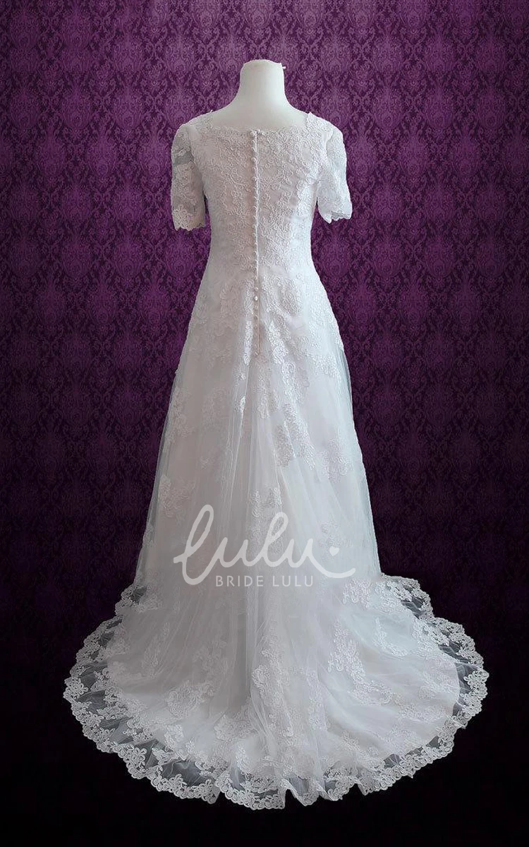 A-Line Lace Dress with Short Sleeves and Modest Scoop Neck Simple Wedding Dress