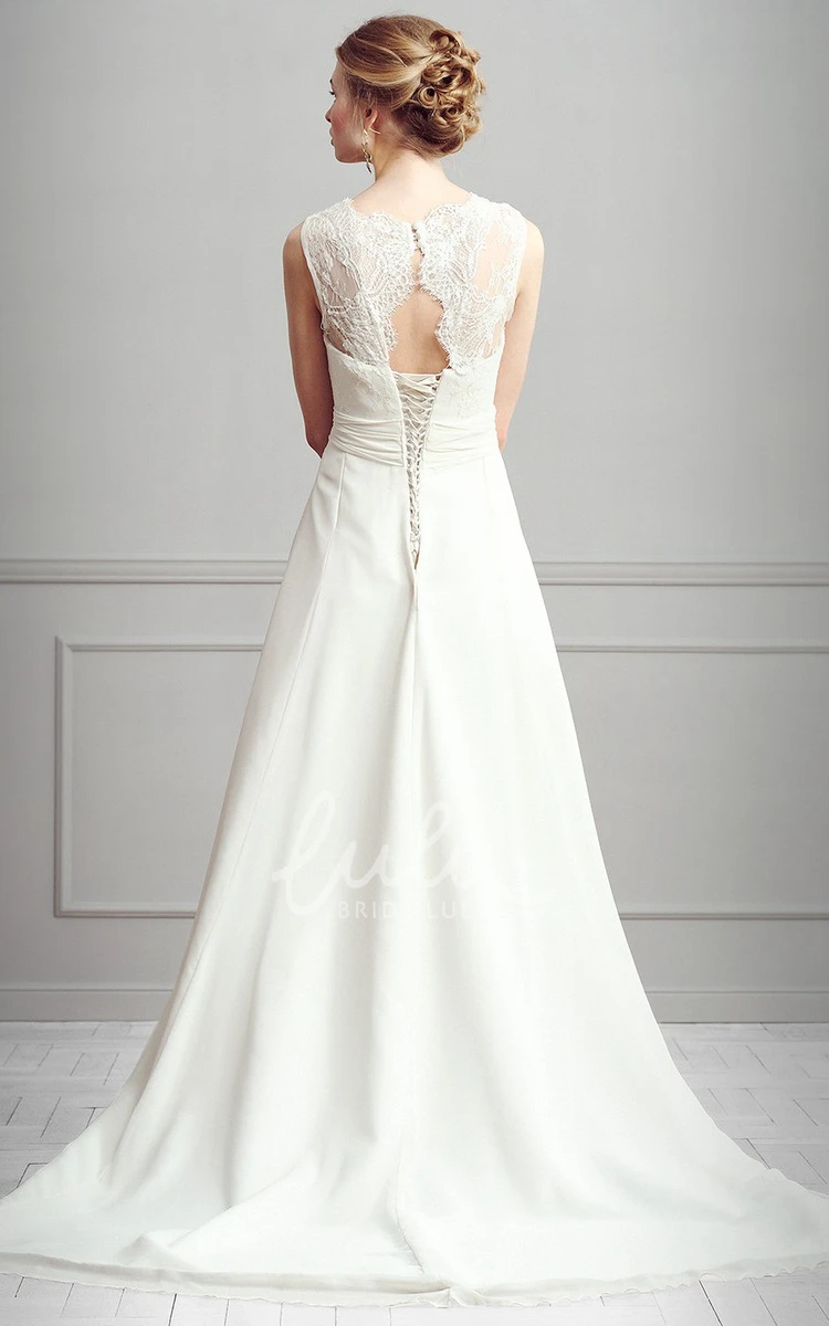 Scoop-Neck Sleeveless Tulle&Satin Wedding Dress A-Line Lace Floor-Length