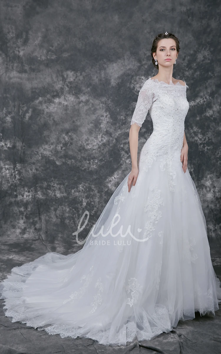 A-line Tulle Gown with Lace Appliques and Beading Half Sleeves