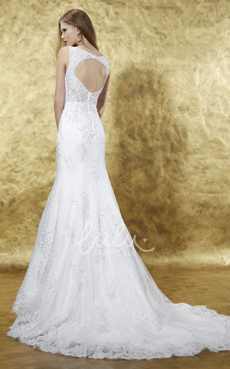 Sleeveless Mermaid Lace Wedding Dress with V-Neck Keyhole Back and Beading in Floor-Length