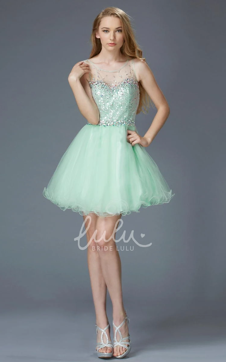 Sequined Tulle Prom Dress with Illusion Scoop-Neck A-Line