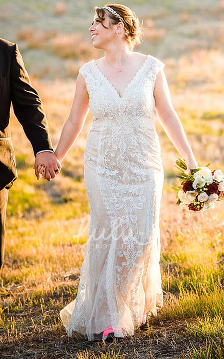 Lace Mermaid V-neck Boho Country Wedding Dress Bridal Gown with Low-V Back and Appliques