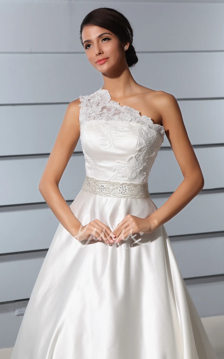 Satin Wedding Dress with Lace Bodice One-Shoulder Chapel Train A-Line