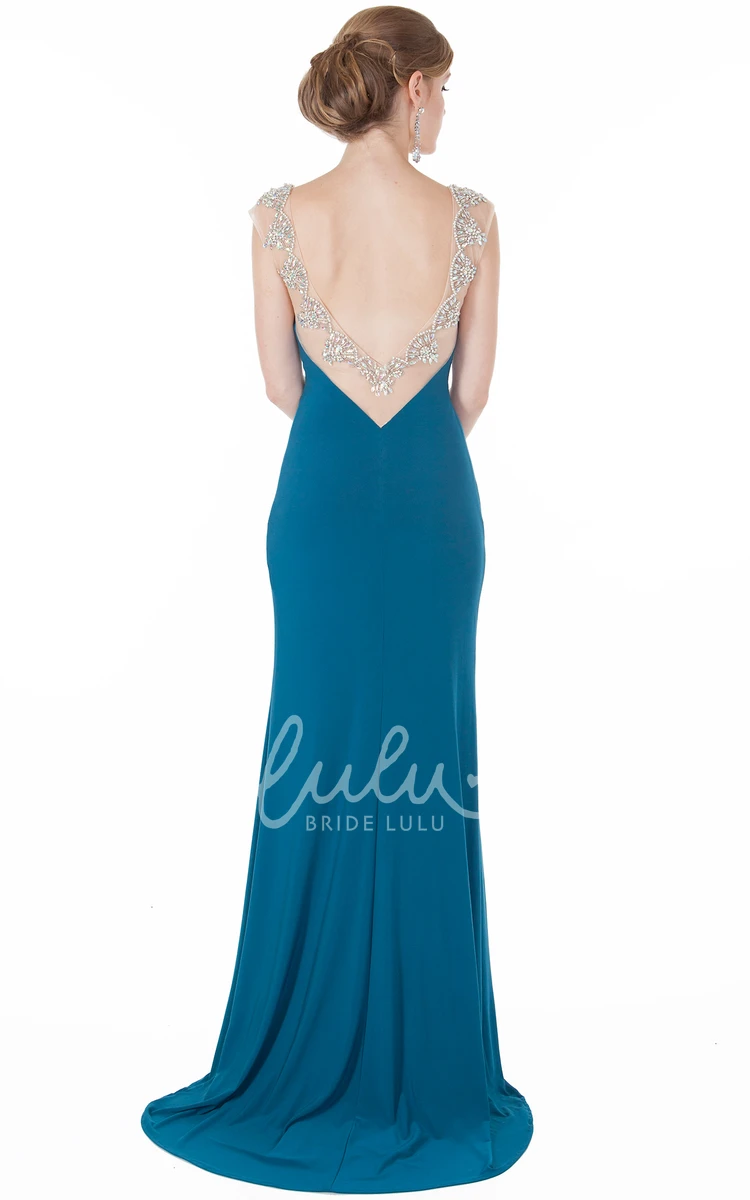 Sleeveless Beaded Bateau-Neck Sheath Evening Dress with Floor-Length Jersey