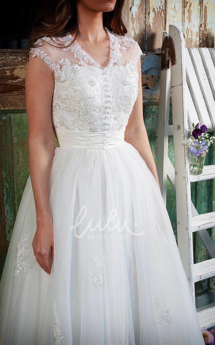 Cap-Sleeve Tulle&Lace Wedding Dress Vintage A-Line Bridal Gown