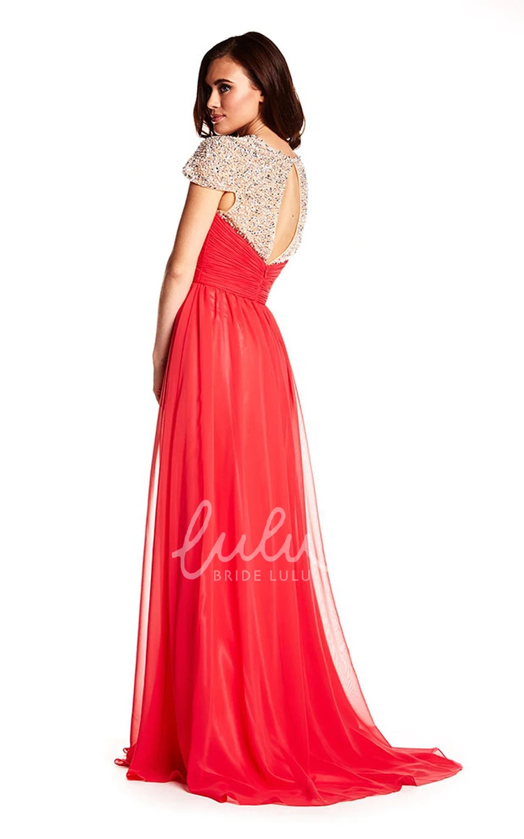 Maxi A-Line Chiffon Prom Dress with Beading Cap-Sleeve Sweetheart Keyhole Back