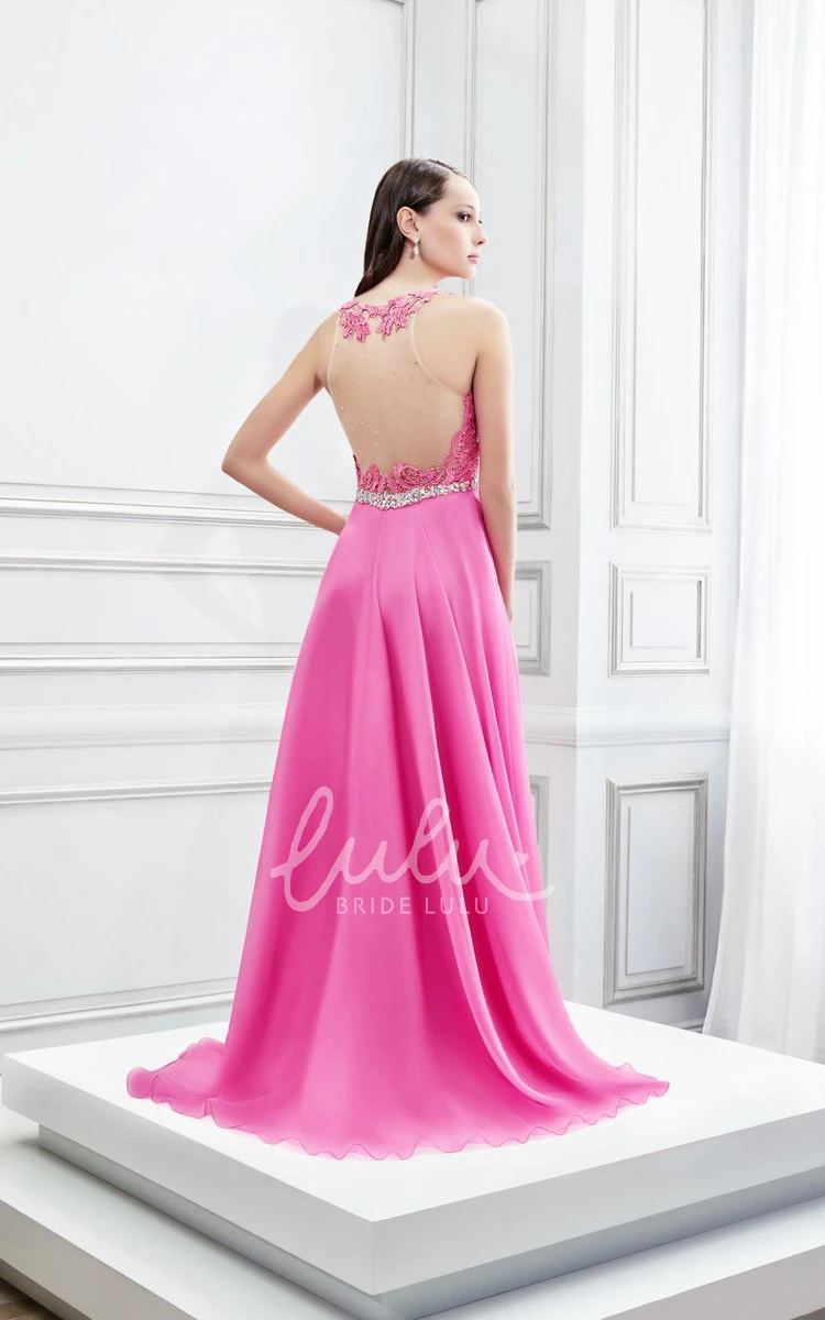 Satin Chiffon Floor-Length Prom Dress with Applique and Scoop Neck