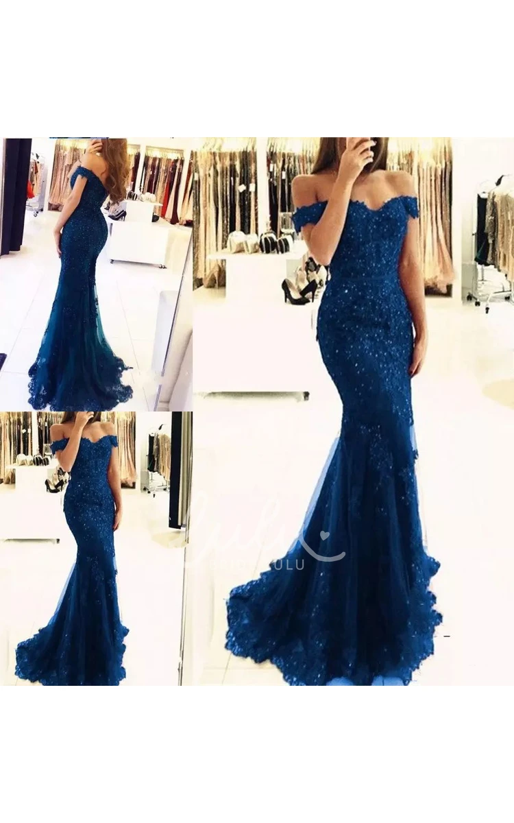 Lace Tulle Mermaid Prom Dress with Off-the-Shoulder Cap Sleeves