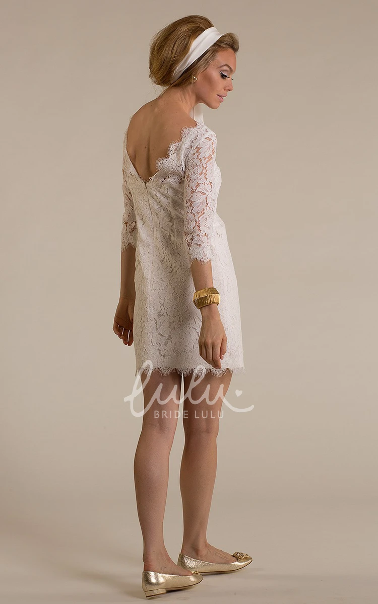 Lace Sheath Wedding Dress with V-Back and 3/4 Sleeves