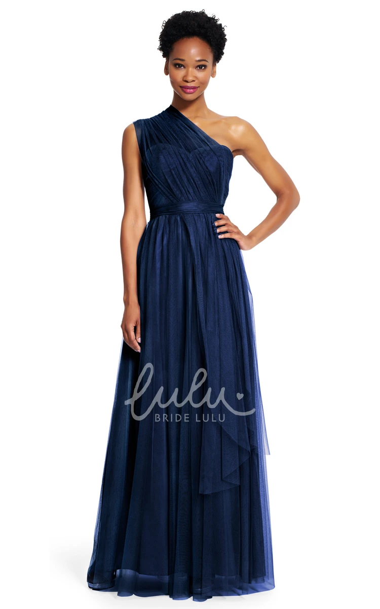 Strapped Sleeveless Tulle A-Line Bridesmaid Dress Long and Ruched with Sash