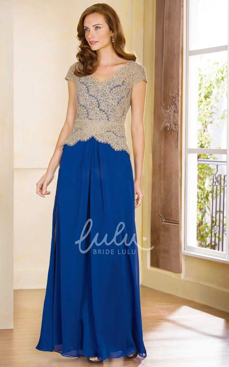 Long Chiffon Mother of the Bride Dress with Lace Bodice and Cap Sleeves