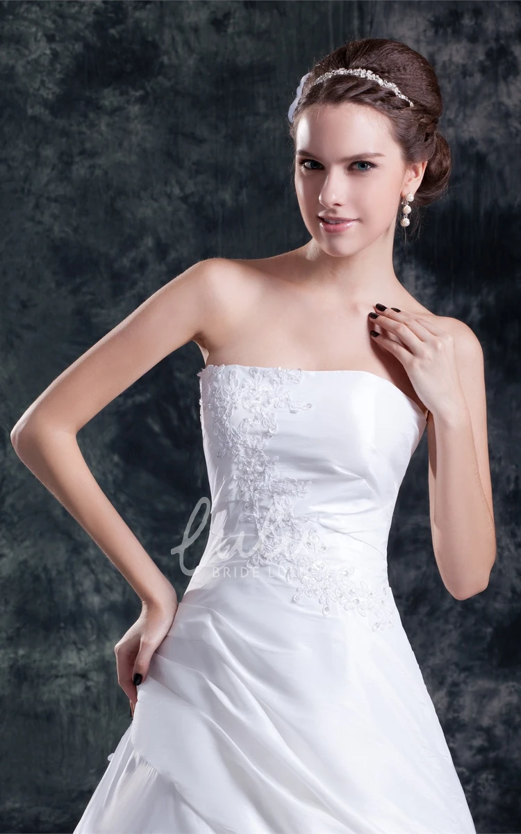 Satin A-Line Wedding Dress With Corset Back Appliques and Strapless Neckline