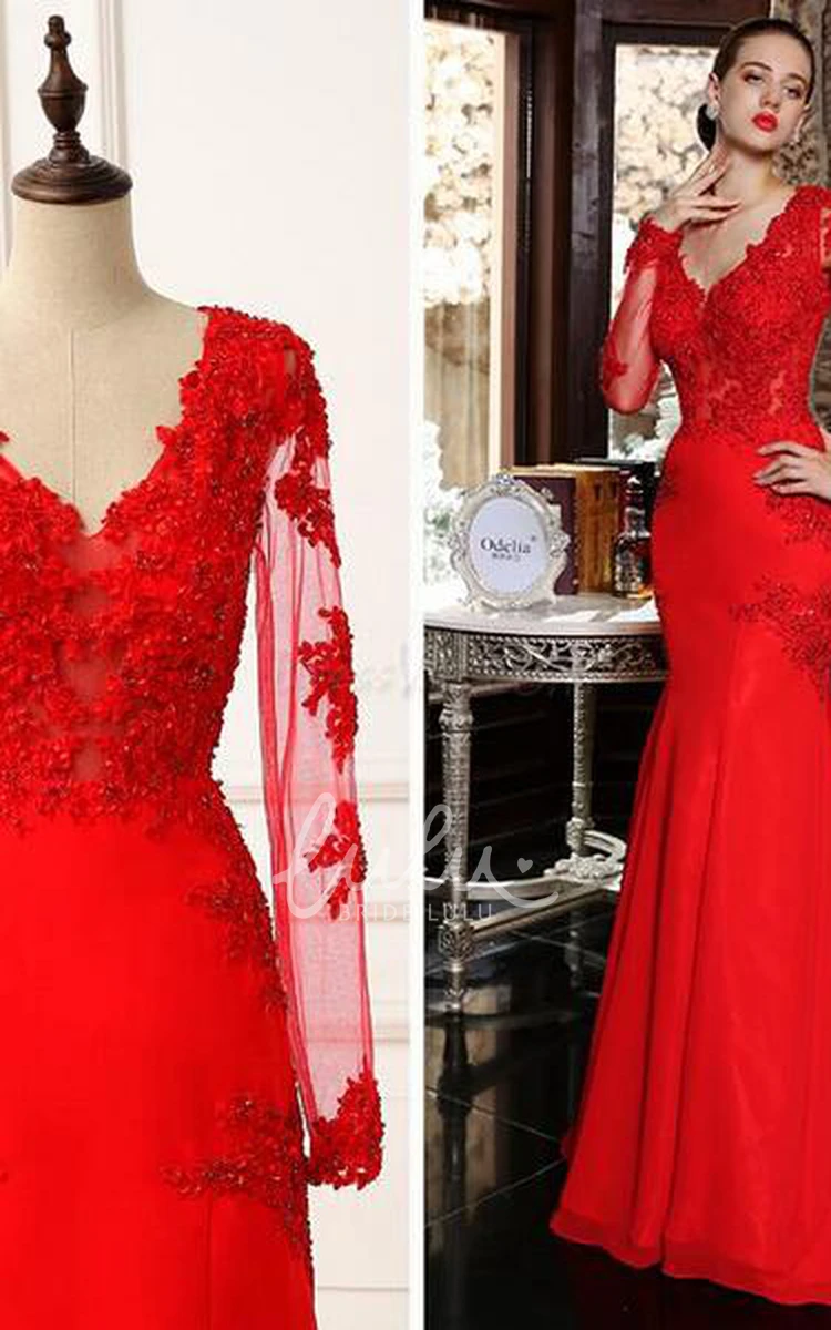 Red Long Sleeve Mermaid Prom Dress with Lace Appliques and Sweep Train
