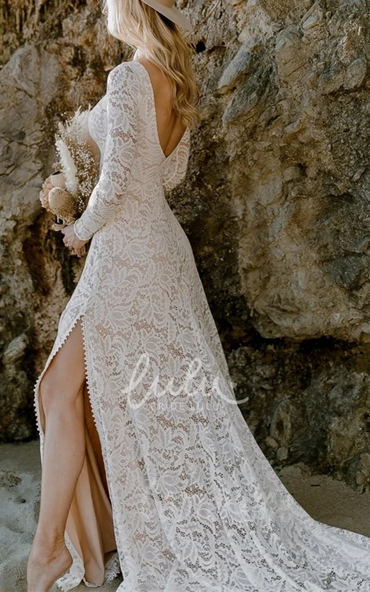 Modest Bohemian Boat Long Sleeve Sexy Open Back Lace Train Wedding Dress