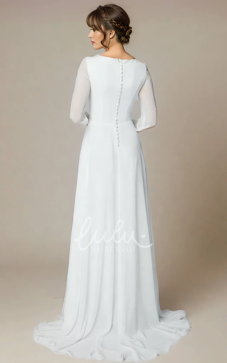 A-Line Simple Chiffon Jewel Wedding Dress with Illusion Long Sleeves