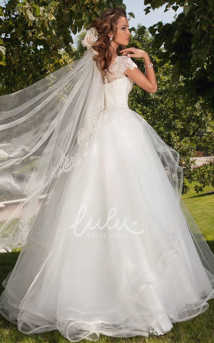 Cap-Sleeve Tulle Ball Gown Wedding Dress with Appliques and Illusion Romantic Bridal Gown