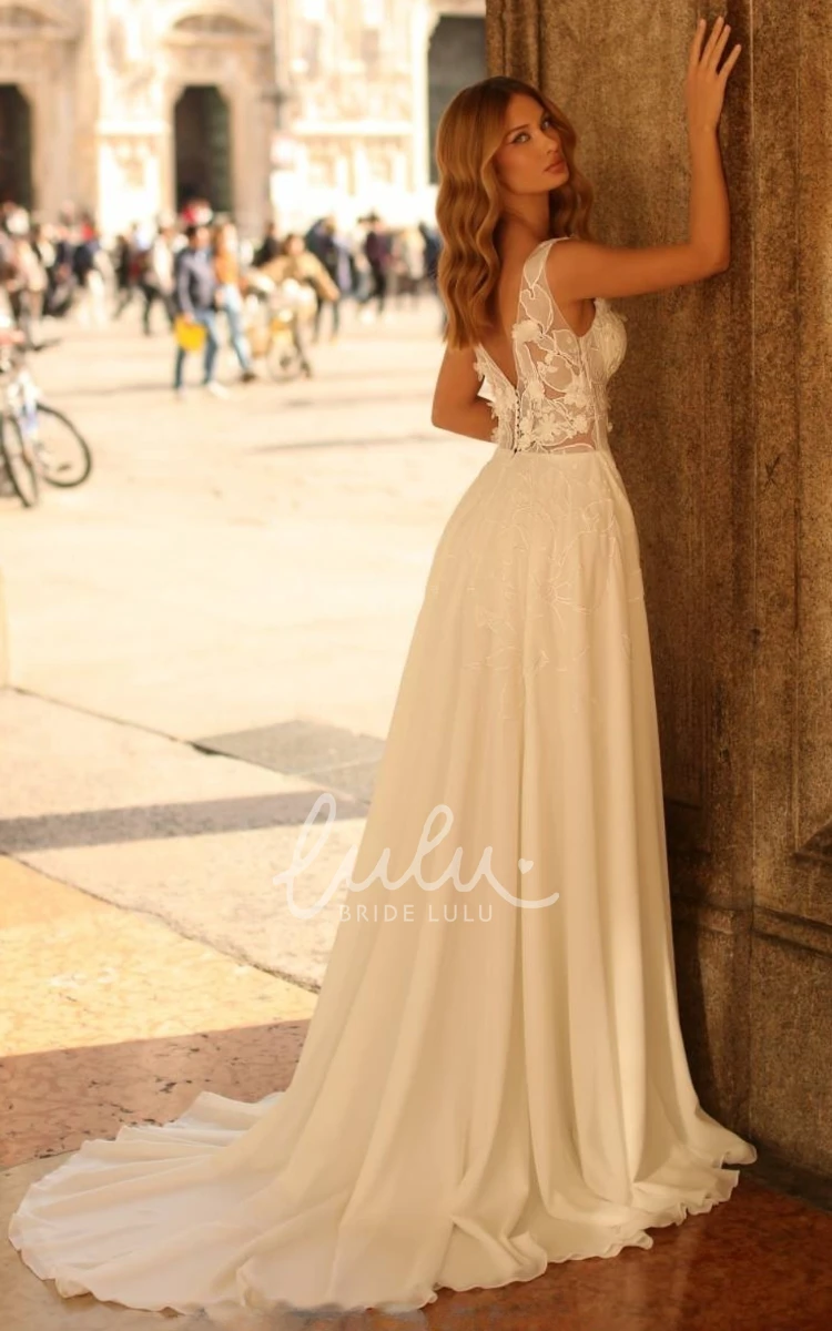 A-Line V-neck Elegant Tulle Straps Court Wedding Dress with Sweep Train