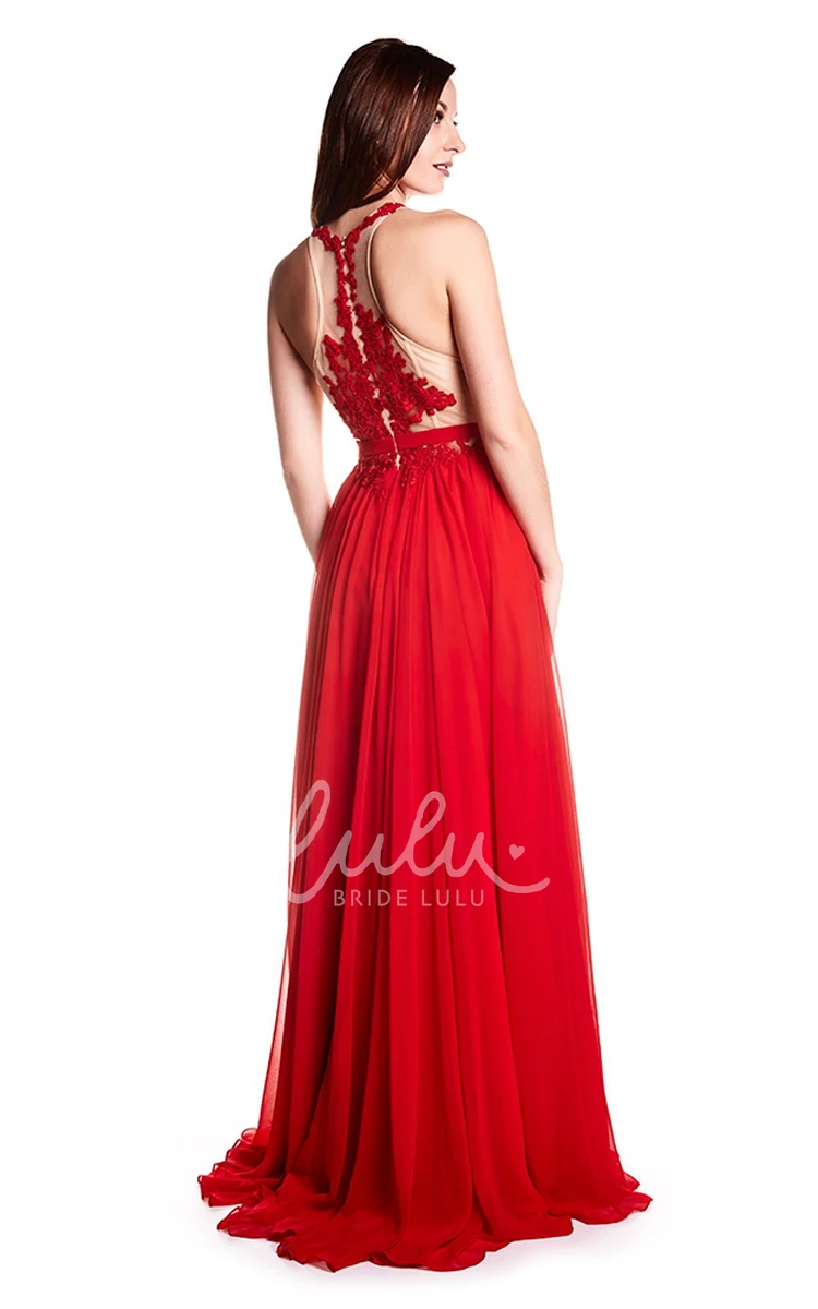 Sleeveless High Neck Appliqued Chiffon Prom Dress with Illusion Back Elegant Prom Dress 2024