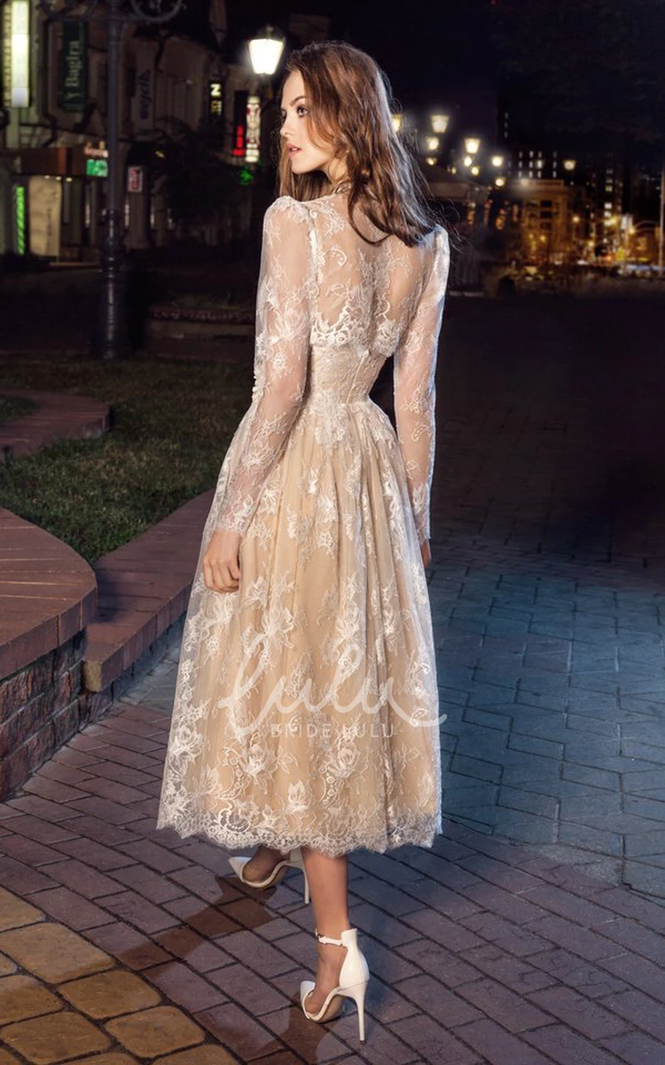 Tea-Length Lace Illusion Formal Dress with Strapless Neckline Long Sleeves and Pleats