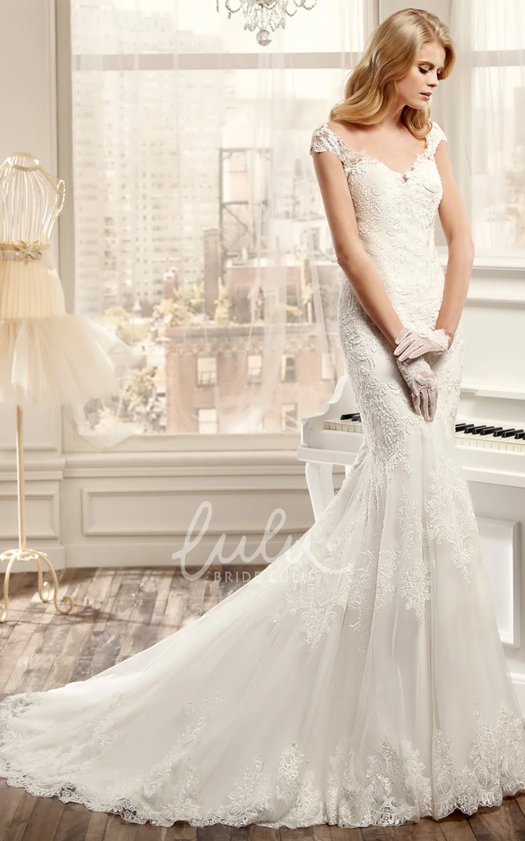 Mermaid Applique Brush Train Wedding Dress with Cap-Sleeves