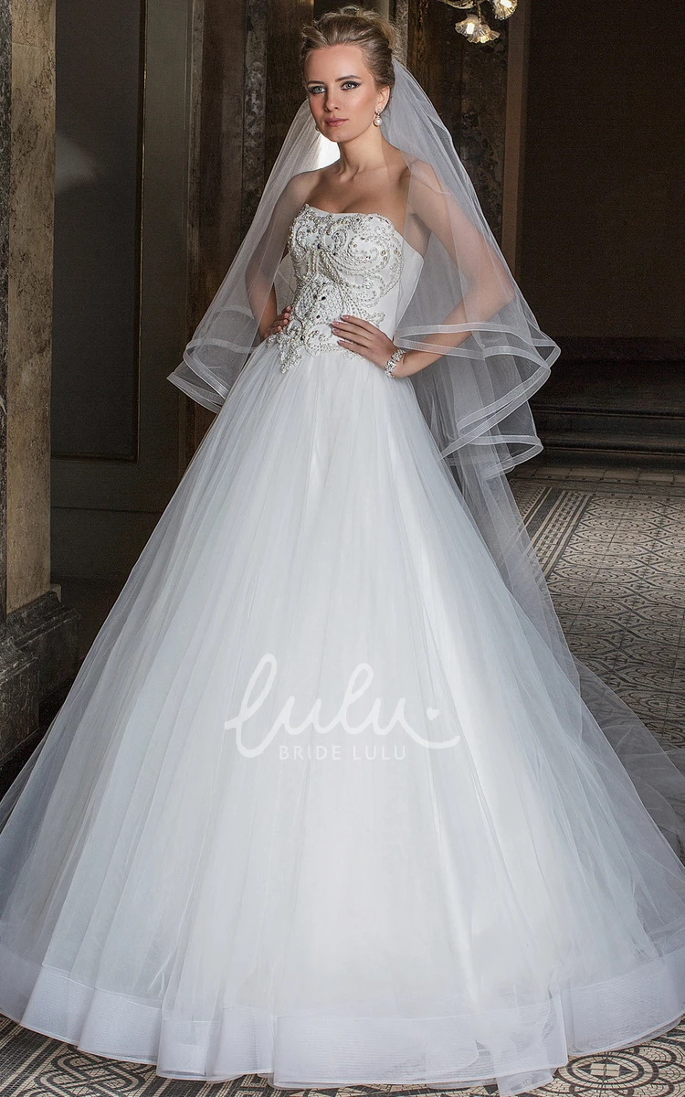 Strapless Beaded Tulle Wedding Dress with Pleats Floor-Length