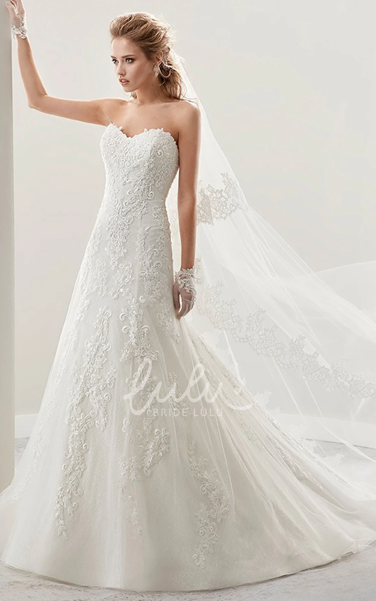 Embroidered Lace Strapless A-Line Wedding Dress with Half Back