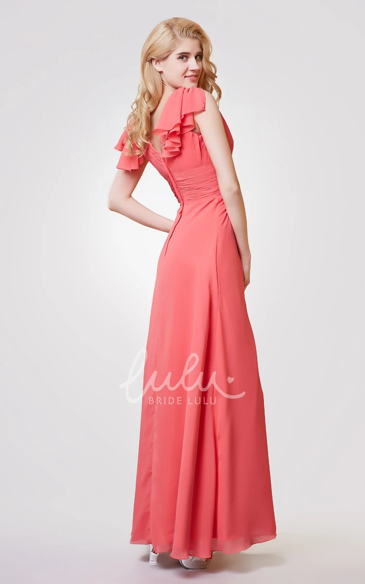 Ruched V-neck A-line Long Dress with Flower and Modern Chiffon