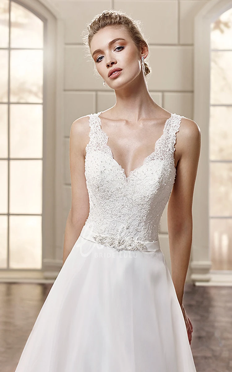 Appliqued V-Neck Sleeveless A-Line Wedding Dress with Waist Jewelry