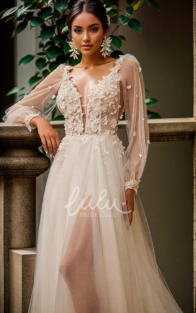 Elegant Romantic A-Line Plunging Neckline Floor-length Lace Appliques Tulle Wedding Dress Sexy Ethereal Spaghetti Long Sleeve Deep-V Back Bridal Gown