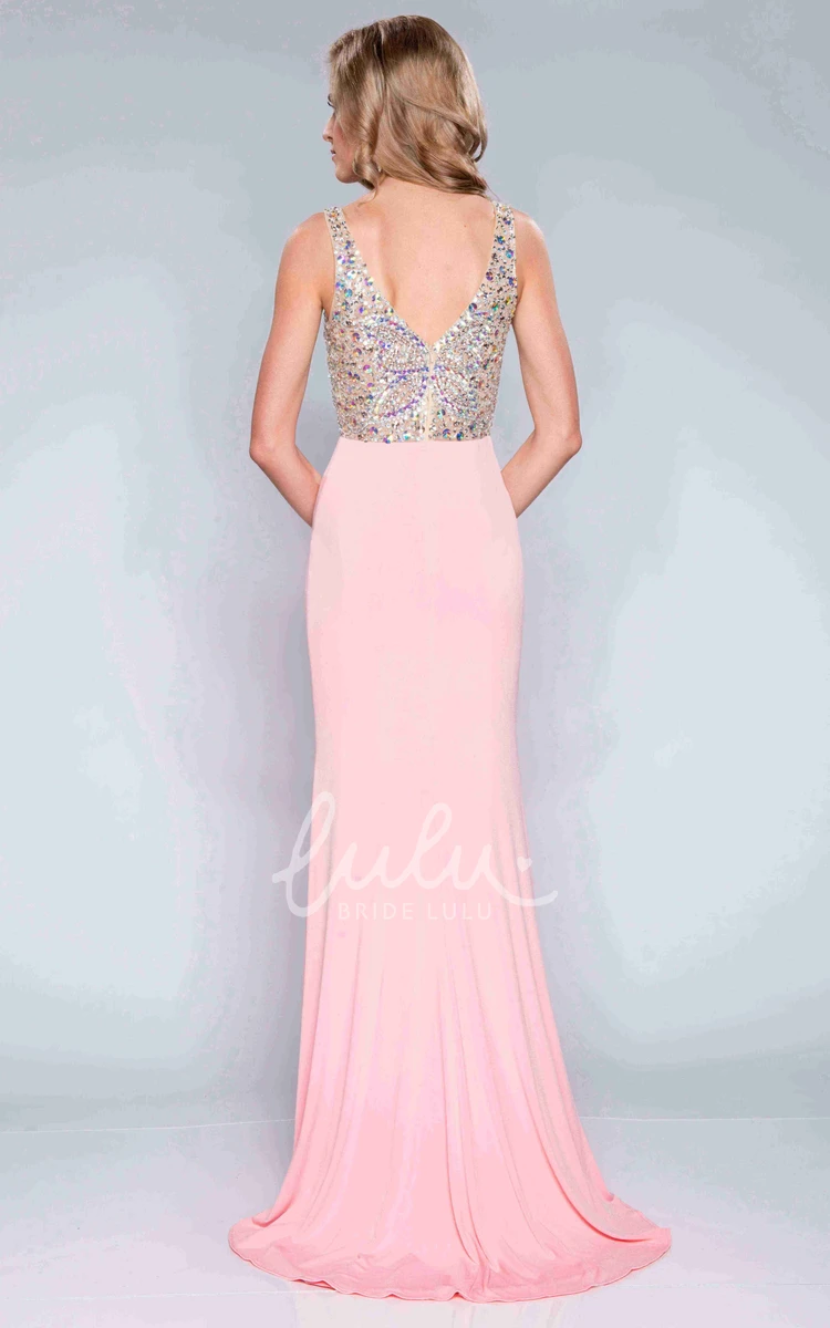 Rhinestone Column Chiffon Prom Dress with Sleeveless V-Neckline