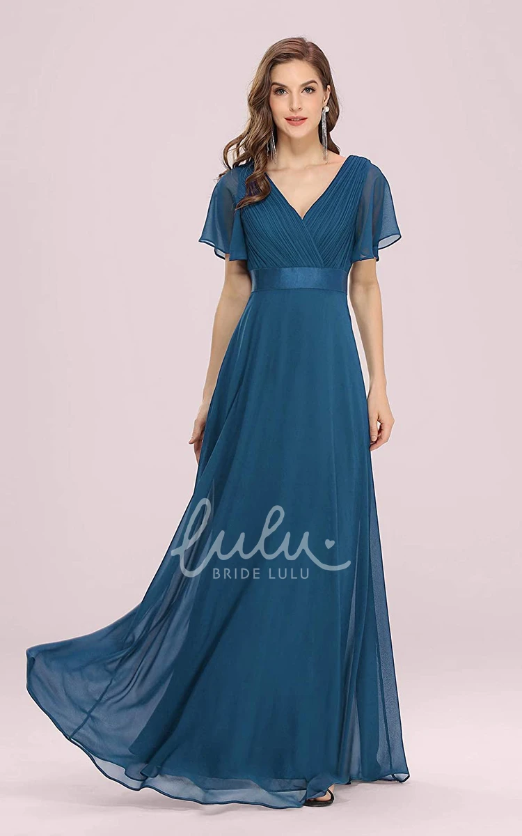 Romantic Chiffon V-neck A-line Prom Evening Dress with Ruffles and Short Sleeves Bridesmaid Dress