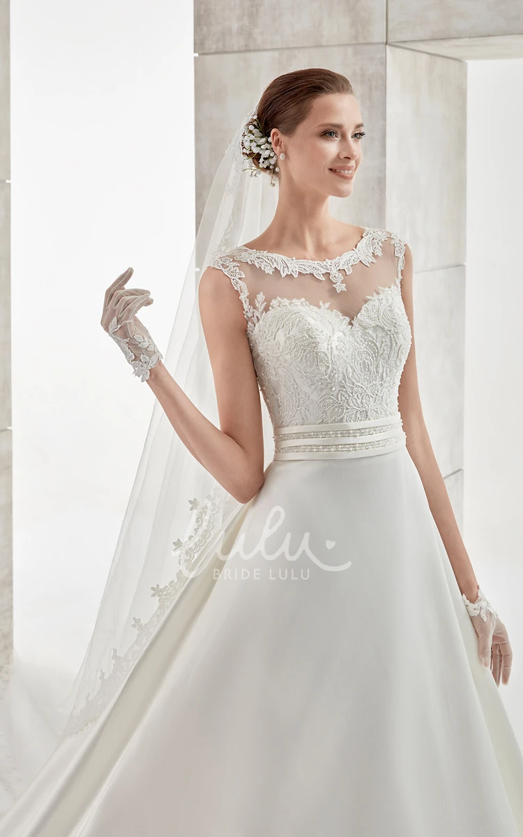 Lace Bodice Cap-Sleeve A-Line Wedding Dress with Brush Train Elegant Bridal Gown