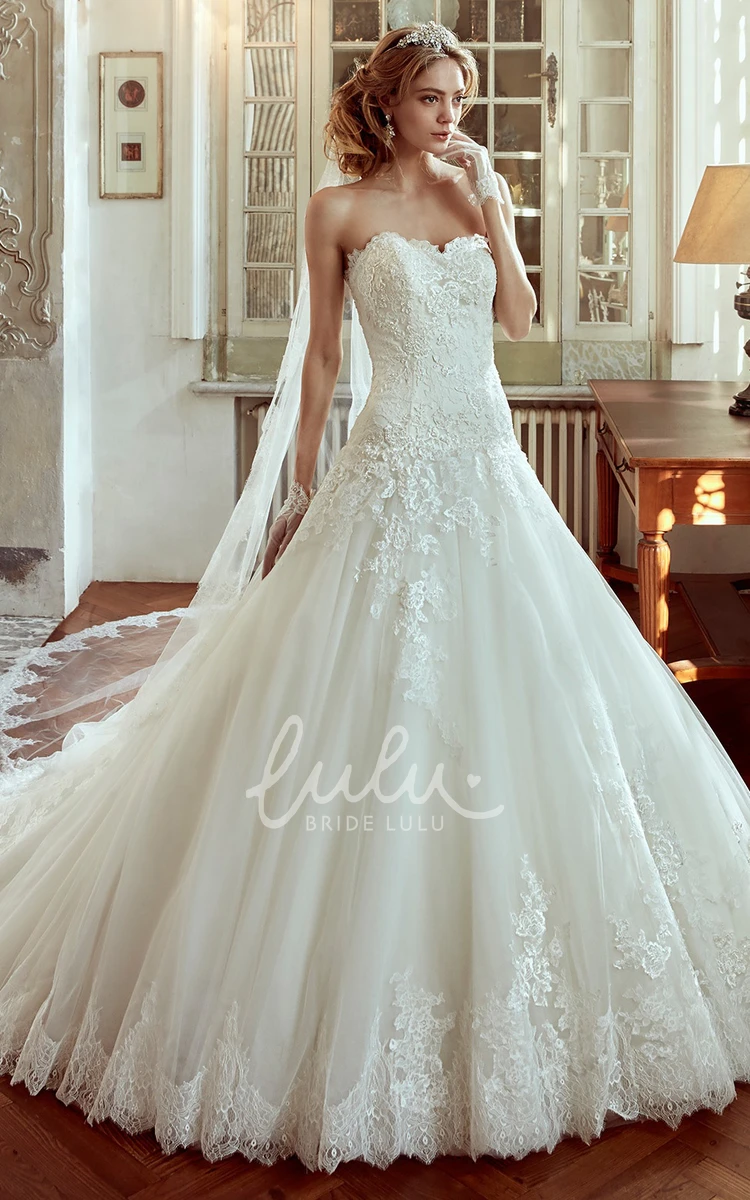 A-line Wedding Dress with Brush Train and Appliqued Bodice Sweetheart Classic