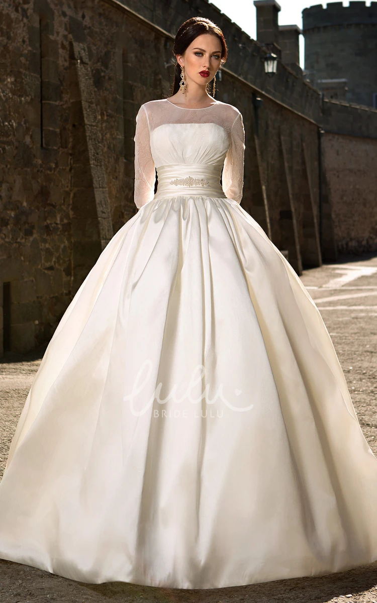 Satin Ball Gown Wedding Dress with Illusion Sleeves Ruching and Beading