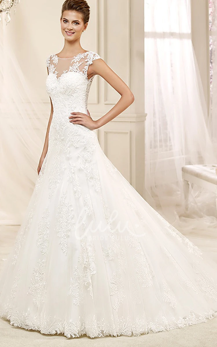 A-line Wedding Gown with Cap Sleeves Illusive Design and Appliques