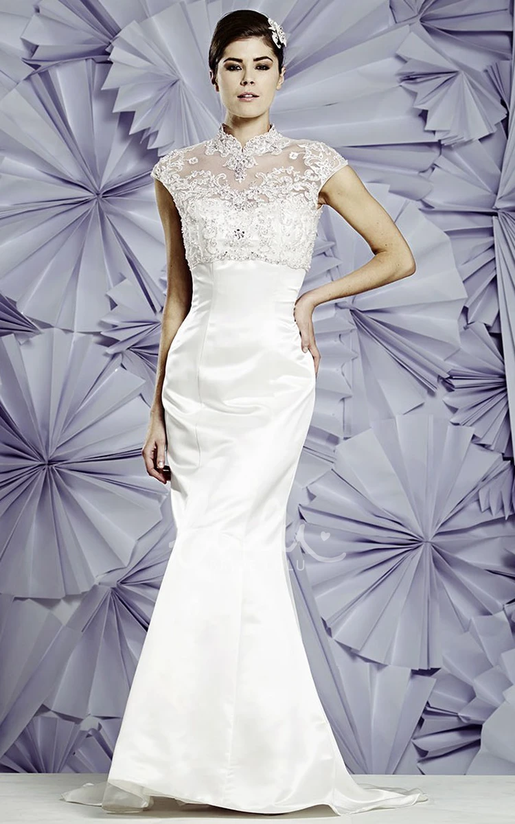 Cap-Sleeve High-Neck Satin Wedding Dress Sheath Floor-Length Beaded Appliques