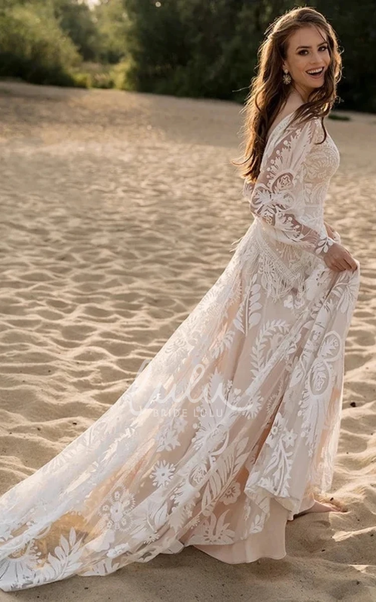 Elegant Floral Boho A-Line Lace Wedding Dress Western Unique Plunging Full Body Applique Bridal Gown with Fringe