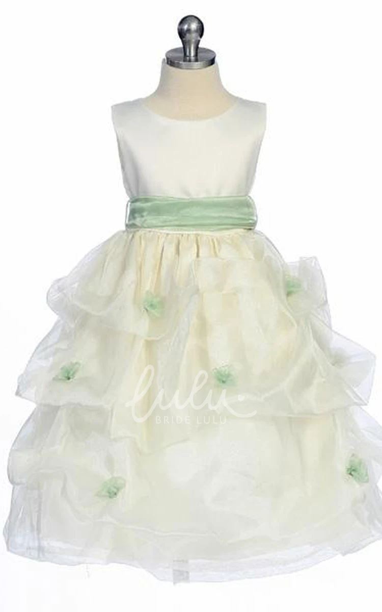 Satin and Organza Tea-Length Flower Girl Dress with Ruched Detail