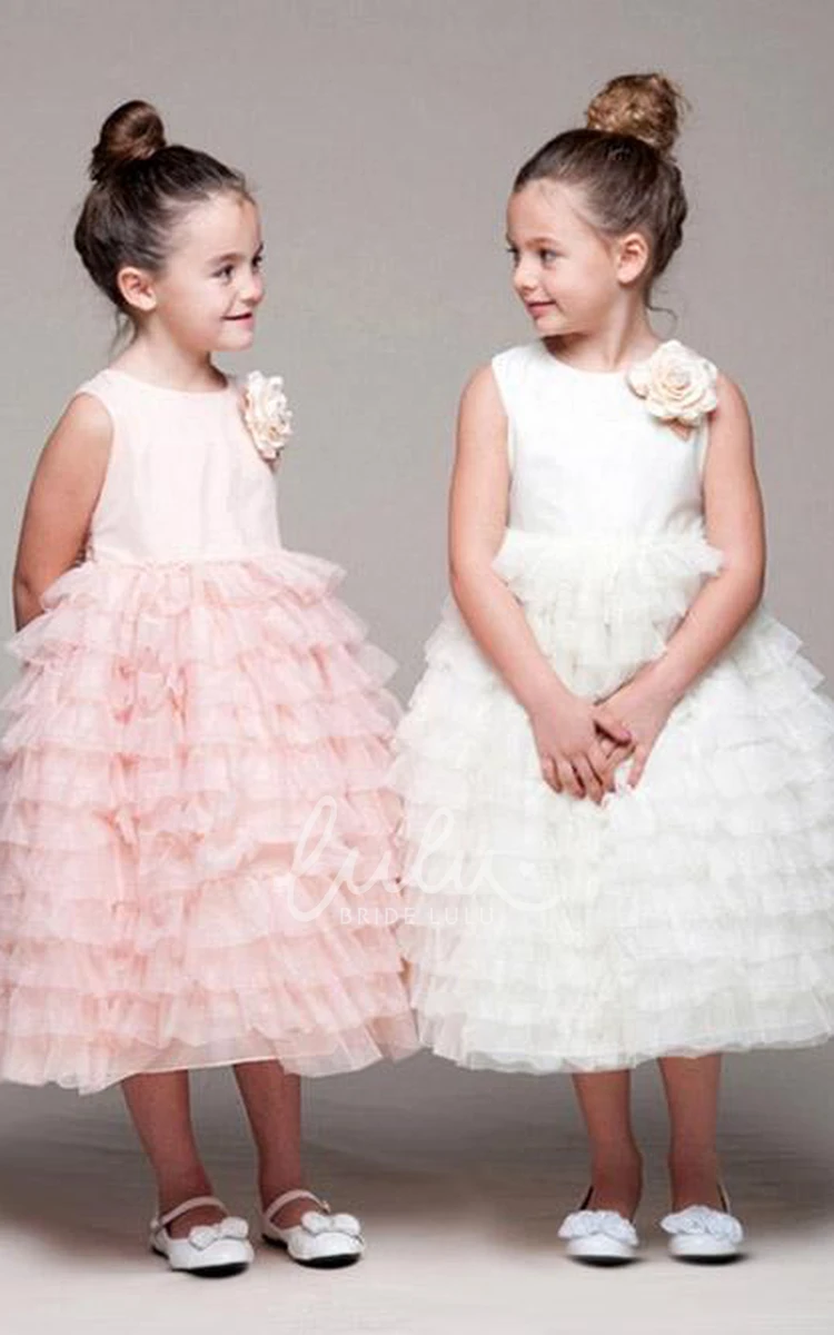 Tiered Tulle and Satin Flower Girl Dress Tea-Length Simple Women