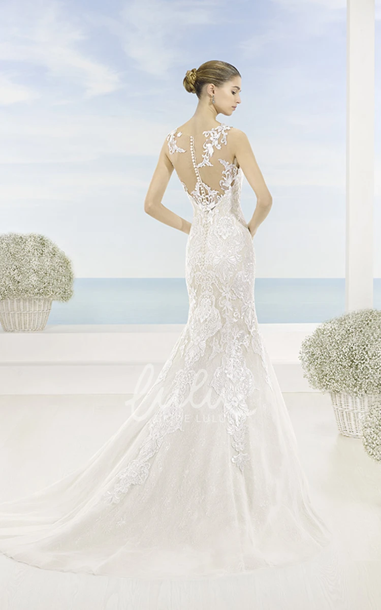 Mermaid Appliqued Bateau Lace Wedding Dress with Court Train and Illusion Back Unique Bridal Dress