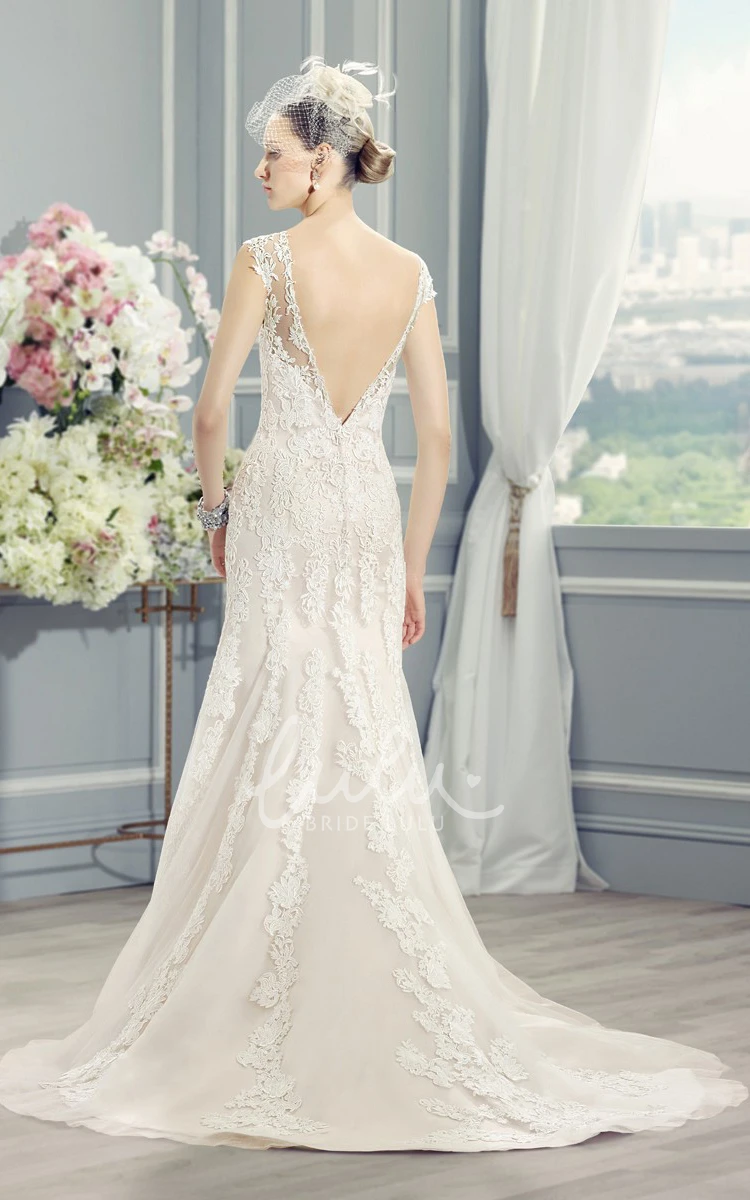 Sheath Lace Wedding Dress with Jeweled Appliques and Deep-V Back