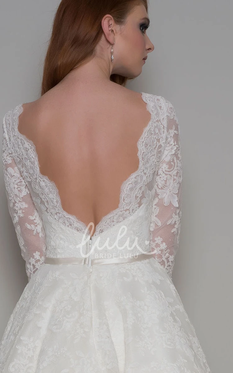 Half-Sleeve Knee-Length A-Line Lace Wedding Dress with Bateau-Neck