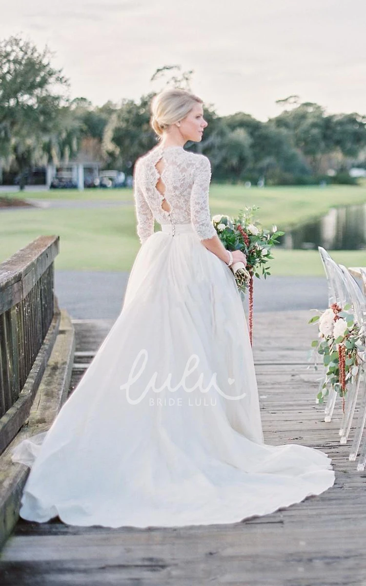 A Line V-neck Lace Tulle Wedding Dress with Keyhole and Zipper