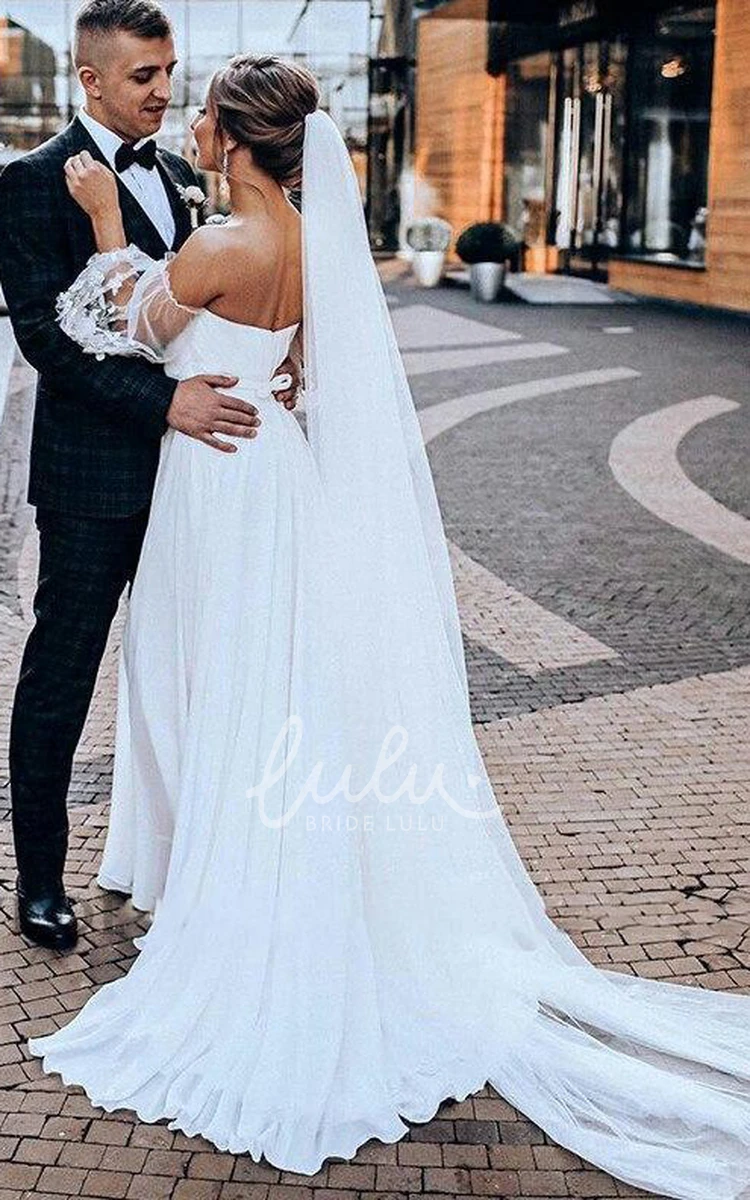 Chiffon Tulle A-Line Wedding Dress 3/4 Length Sleeve Casual Criss Cross Split Front