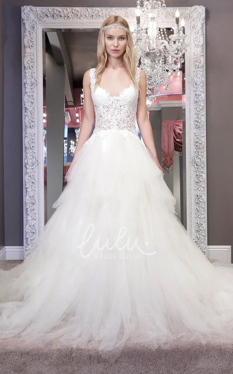 Lace V-Neck Ball Gown Wedding Dress Sleeveless with Ruffles and Backless Style