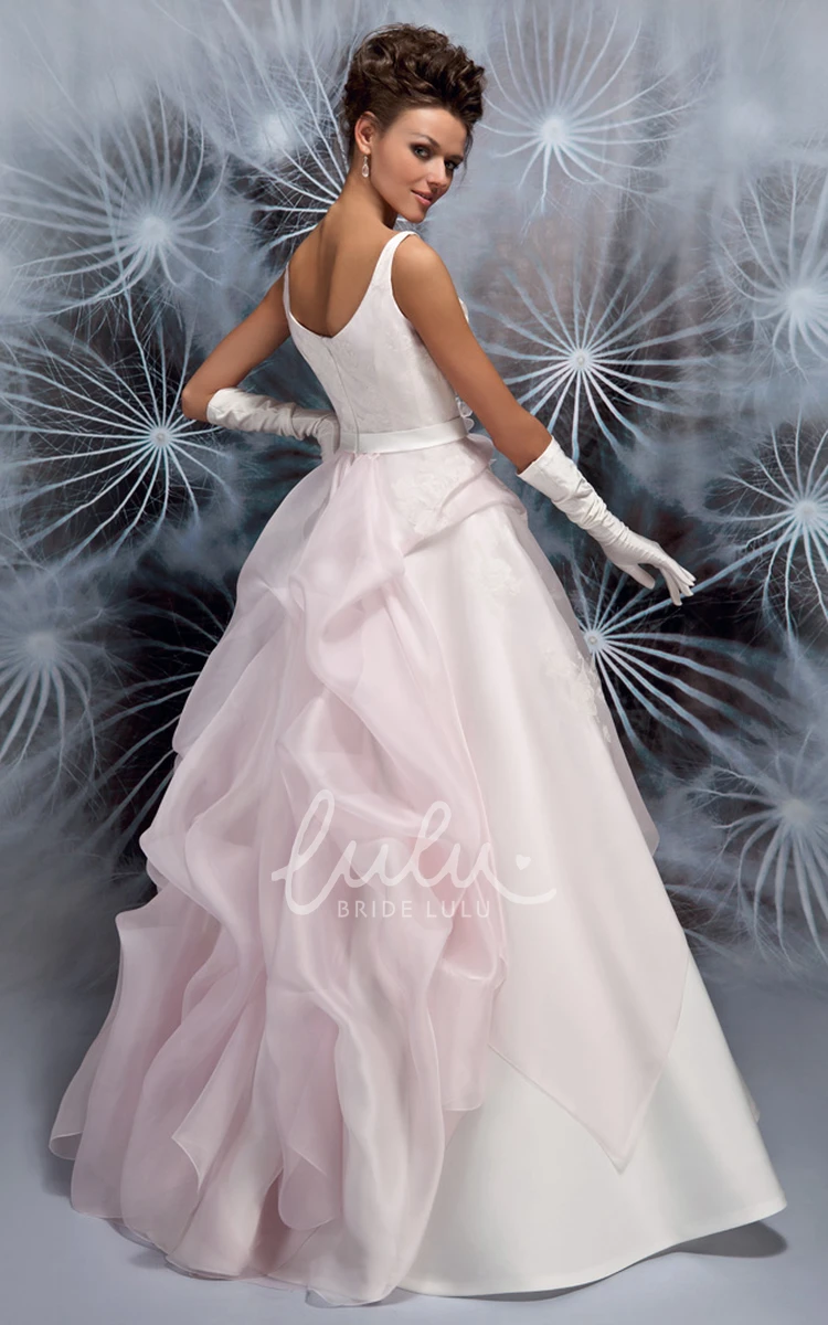 Satin Square Neckline A-Line Wedding Dress with Ruffles and Flower Modern Bridal Gown