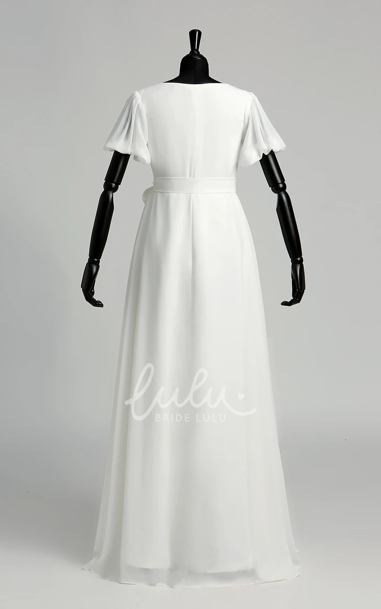 Chiffon A-Line Wedding Dress with Court Train and Ribbon Sash