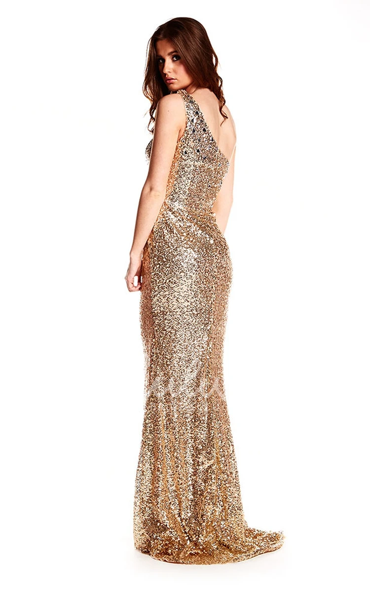 Sequin One-Shoulder Prom Dress Sheath Sleeveless Brush Train Glamorous